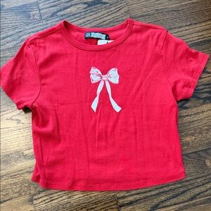 Girl Dangerous Bright Red Short Sleeve Tee with White Bow Graphic